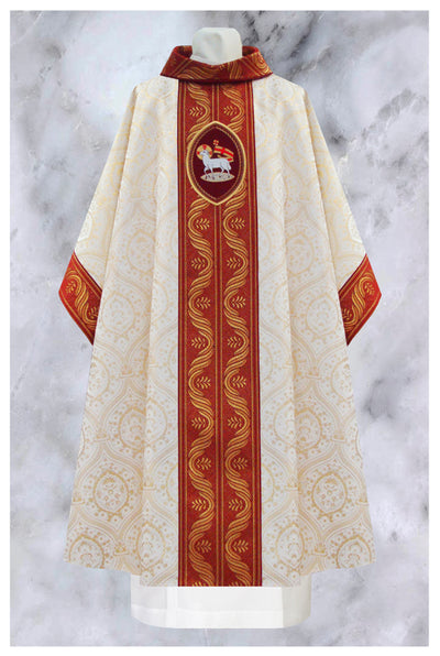 Ref#20-2380 Off-White/ Gold Red Monastic vestment, front side.