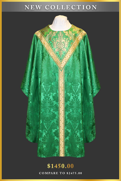 Front side of "Ref 20-2845" Green Gothic vestment, from Chagall Design Limited's New Collection.