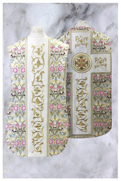 Roman Chasuble Fiddleback 20-2623 Floral brocade vestment, front and back side.