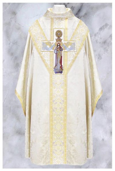 Front side of "ref # 20-2694" Off-White Gothic vestment, from Chagall Design Limited's Gothic vestments collection.