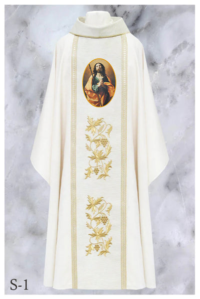Front side of "Sublimation ref # 20-2704 S-1" Off-White Gothic vestment, from Chagall Design Limited's Gothics collection.